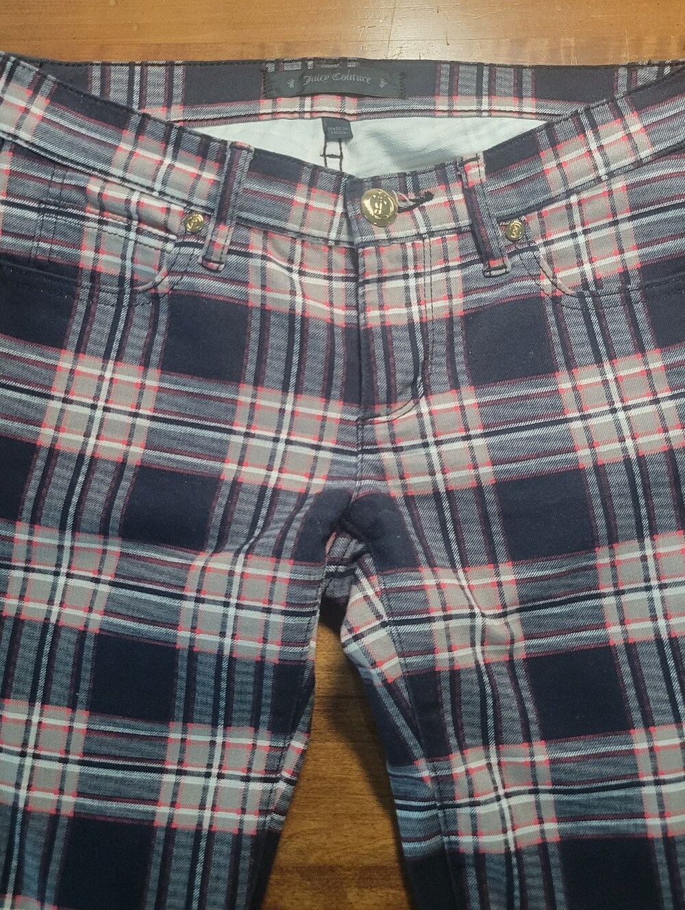 Y2K Vintage Juicy Couture Navy, White & Pink Plaid Skinny Pants